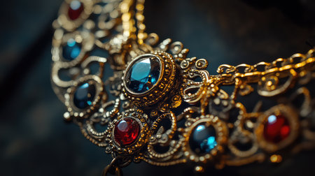 This captivating image showcases a vintage necklace adorned with colorful gemstones and intricate metalwork, highlighting timeless fashion and artistry.の素材