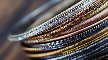 This stunning close-up captures a collection of elegant mixed metal bangles adorned with sparkling details, arranged artfully on a wooden surface.の素材