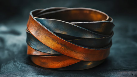 This intricate composition features elegantly intertwined leather strips in rich brown and black tones, highlighting exquisite craftsmanship and detailing, suitable for fashion and accessory design.の素材
