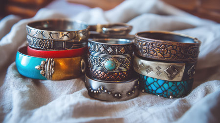 A captivating collection of colorful metal and stone bracelets displayed on a soft fabric background, showcasing intricate designs and unique craftsmanship.の素材