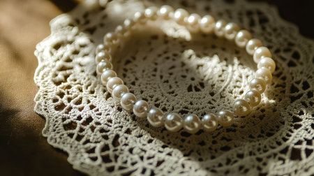A beautiful pearl necklace rests on a delicate lace doily, illuminated by soft natural light, creating an elegant and serene atmosphere ideal for fashion and jewelry themes.の素材