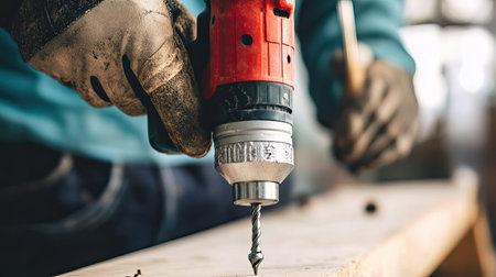 A close-up view featuring a worker's hands operating a cordless drill to bore a hole in a wooden plank, illustrating craftsmanship at a construction site.の素材