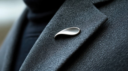 This close-up image showcases a stylish silver brooch elegantly pinned on a grey tweed jacket lapel, highlighting contemporary fashion trends and sophistication.の素材