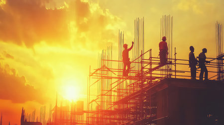 A stunning sunset scene featuring silhouettes of construction workers on a scaffold, highlighting the essence of urban development and human effort in building.の素材