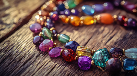 A stunning close-up of colorful gemstone beads arranged on a wooden surface, showcasing their vibrant hues and glimmering reflections in natural light.の素材