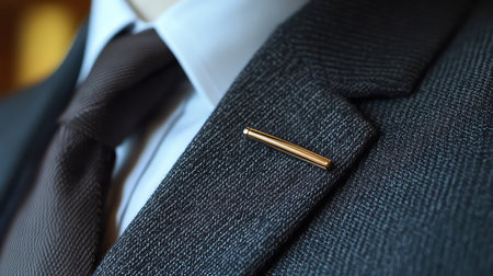 A sophisticated close-up image showcasing a stylish lapel pin on a tailored suit jacket, paired with a crisp necktie, perfect for professional and elegant settings.の素材