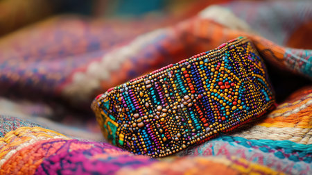 A stunning handcrafted bracelet adorned with intricate beadwork, resting on a vibrant woven textile background. This close-up captures the rich colors and artistic detail, making it perfect for showcasing artisan craftsmanship.の素材