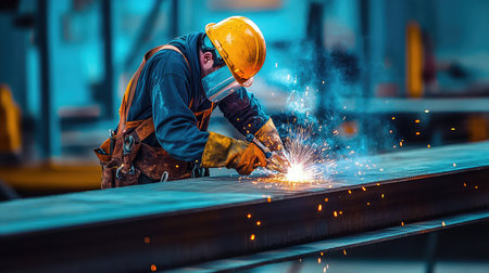 A focused worker employs welding techniques in an industrial setting, showcasing the sparks and intense heat of metal fabrication, highlighting safety measures.の素材