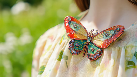 A stunning close-up of a colorful butterfly brooch showcases intricate details as it adorns a woman's floral dress against a lush green backdrop, radiating elegance.の素材