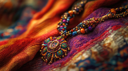 A stunning close-up of a traditional necklace showcasing intricate beadwork against a vibrant fabric. This image captures the elegance and culture inherent in handmade jewelry, ideal for fashion and art themes.の素材