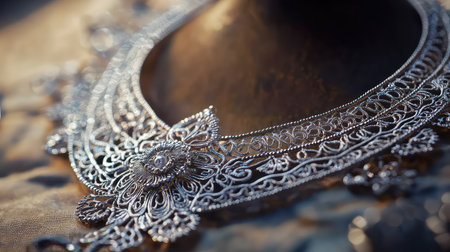This close-up image showcases a stunning silver necklace featuring intricate floral patterns and delicate detailing, perfect for jewelry enthusiasts.の素材