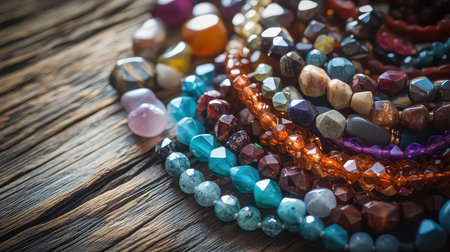 A vibrant array of jewelry beads in various shapes and colors sits on a rustic wooden table, showcasing unique textures and craftsmanship ideal for creative projects.の素材