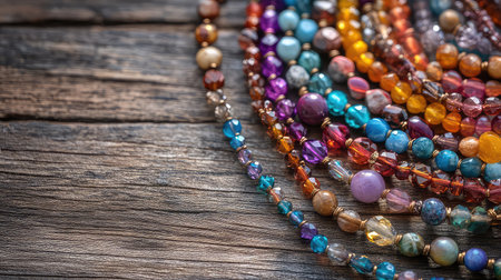 A captivating arrangement of colorful beaded strands on a wooden surface, reflecting light and showcasing various shapes and textures, perfect for crafting inspiration.の素材
