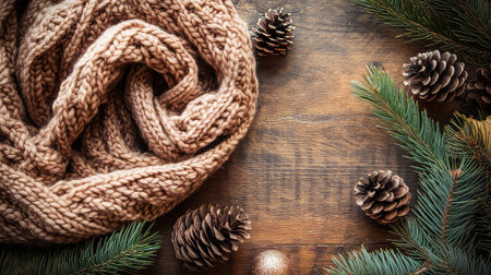 This image showcases a cozy brown knit scarf artfully arranged with pinecones and evergreen branches on a rustic wooden surface, perfect for winter themes.の素材