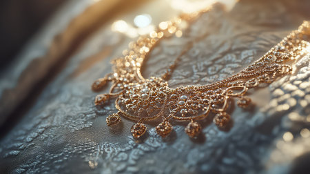 This exquisite gold necklace is beautifully showcased on luxurious fabric, highlighting its intricate design and shimmering details that exude elegance.の素材