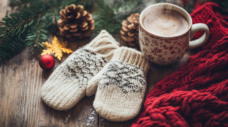 A warm and inviting winter arrangement featuring cozy mittens beside a steaming cup of hot chocolate, pine cones, and festive decorations on a wooden table.の素材