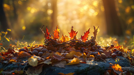 A captivating autumn scene featuring a nest made of twigs surrounded by vibrant leaves and acorns, illuminated by the warm glow of sunlight filtering through trees.の素材