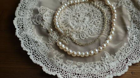 Gorgeous pearl necklaces rest on exquisite lace fabric, showcasing timeless beauty and elegance, perfect for fashion and jewelry inspiration.の素材