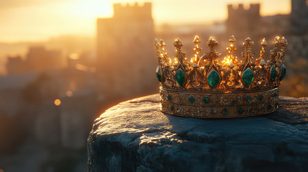 A stunning golden crown adorned with emerald stones rests on a stone surface, illuminated by the warm glow of a setting sun, with ancient fortifications in the background.の素材