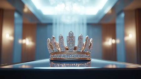 This stunning crown showcases exquisite craftsmanship with sparkling diamonds set in gold, creating a luxurious centerpiece bathed in soft light.の素材
