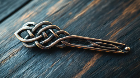 Beautiful bronze hairpin featuring an intricate Celtic knot design, displayed on a rustic wooden surface, perfect for adding elegance to any hairstyle.の素材