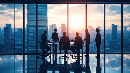 A dramatic silhouette of professionals engaged in a business meeting against a stunning sunset view from a modern high-rise office, showcasing urban leadership and collaboration.の素材