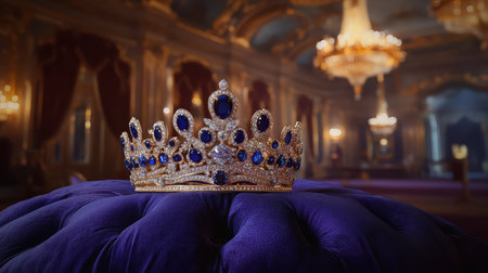 A stunning luxurious crown embellished with sapphires rests elegantly on a plush purple cushion inside a grand ballroom, showcasing opulence and beauty.の素材
