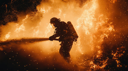 A courageous firefighter confronts a towering inferno, utilizing powerful equipment to combat the blaze. This dynamic scene illustrates bravery amid chaos.の素材