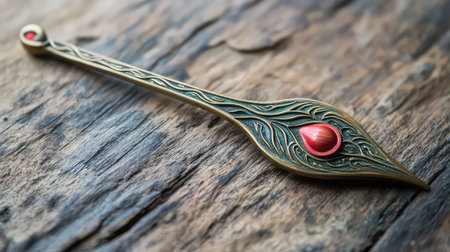 This image showcases an ornate metal bookmark featuring intricate details and a red gemstone, perfectly placed on a rustic wooden surface. Ideal for literature lovers.の素材