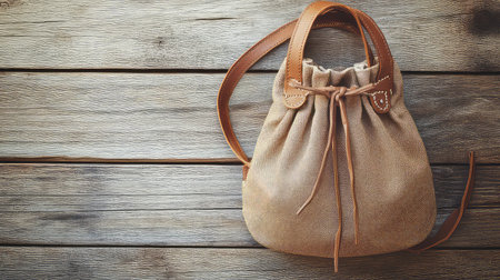 A stylish beige fabric drawstring bag rests on a rustic wooden surface. The perfect accessory for any casual outing, this bag blends functionality with chic design.の素材