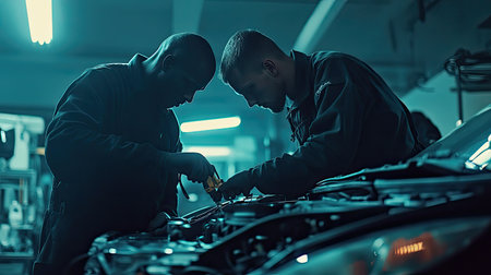 Two mechanics are intensely focused on repairing a car engine in a dimly lit garage, showcasing skills and collaboration with tools in hand.の素材