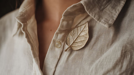 A close-up of a delicate gold leaf brooch pinned to a simple beige shirt, showcasing unique design and elegant style for fashion photography.の素材