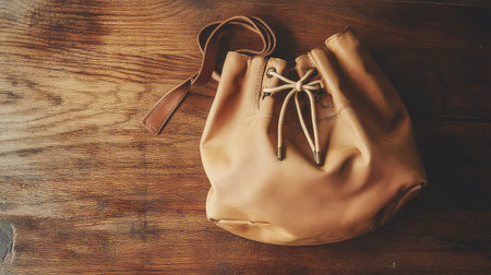 This stylish tan leather drawstring bag offers a sleek design, perfect for casual outings. The rustic wooden background enhances its elegant craftsmanship and texture.の素材