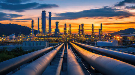 A stunning view of an industrial factory at dusk, showcasing towering structures and intricate pipelines against a vibrant sunset sky, symbolizing energy production.の素材