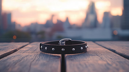 A close-up view of a stylish black leather bracelet adorned with metal studs, set on a wooden surface against a warm urban sunset backdrop.の素材