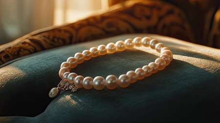 A stunning pearl necklace elegantly resting on a plush velvet cushion, illuminated by warm natural light, highlighting its beauty and luxurious details.の素材