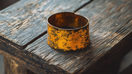 A striking metal bracelet showcases an orange patina against a beautifully weathered wooden surface, highlighting craftsmanship and rustic charm.の素材