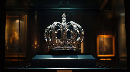 A stunning silver crown displayed in a museum exhibit, surrounded by artistic lighting that enhances its intricate details and elegance.の素材