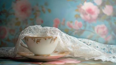 This charming image features a delicate tea cup draped with lace cloth, set against a soft floral backdrop, perfect for creating a cozy and elegant atmosphere.の素材
