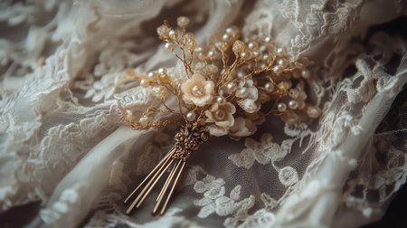 A sophisticated bridal hair accessory featuring delicate flowers and pearls, artistically arranged on soft lace fabric, encapsulating elegance and romance.の素材