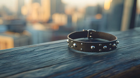 A stylish black leather bracelet adorned with silver studs resting on a wooden surface, with a blurred urban landscape in the background, capturing modern fashion.の素材