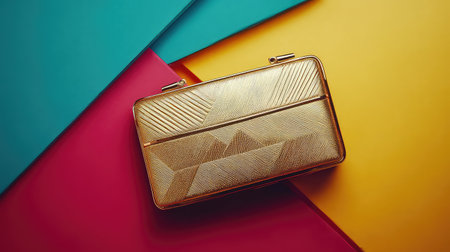 This elegant golden clutch stands out against a vibrant backdrop of geometric shapes, showcasing stylish design, bold colors, and visual appeal.の素材