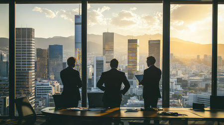 Three business professionals stand silhouetted against a stunning sunset view of a city skyline, showcasing modern architecture and urban life.の素材