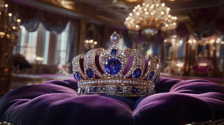 A stunning royal crown rests on a plush velvet cushion, showcasing intricate details and sparkling gemstones, set in an opulent palace interior.の素材