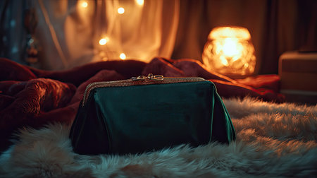 A stunning green silk pouch is elegantly placed on soft fur, surrounded by warm ambient lights, creating a cozy and inviting setting for any decor.の素材