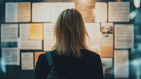 A woman stands in front of a notice board covered with various documents and papers, displaying a blend of information and announcements in an urban space.の素材