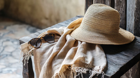 A charming arrangement featuring a sun hat and stylish sunglasses resting on a rustic wooden table, accompanied by a soft scarf, creating a warm and inviting scene.の素材