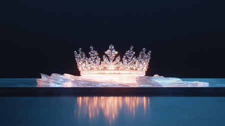 A stunning crystal crown rests on a reflective surface, illuminated by soft lighting against a serene blue backdrop, representing beauty and elegance.の素材