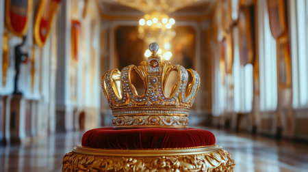 A stunning gold crown rests gracefully on a red velvet cushion, surrounded by a luxurious royal hall adorned with captivating chandeliers and opulent decor.の素材