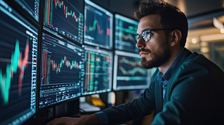 A focused professional examines various financial charts and data on multiple screens in a modern office, showcasing a high-tech business environment.の素材